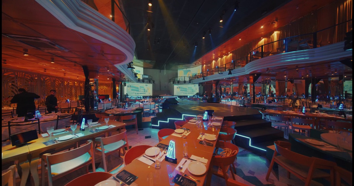 Salão do Gatzz com mesas, palco e mezanino